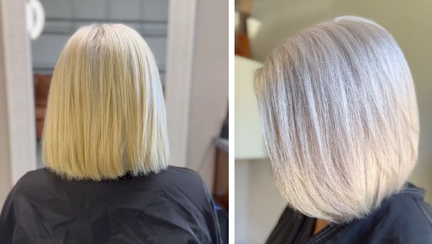 Yellowing gray hair before and after colour correction