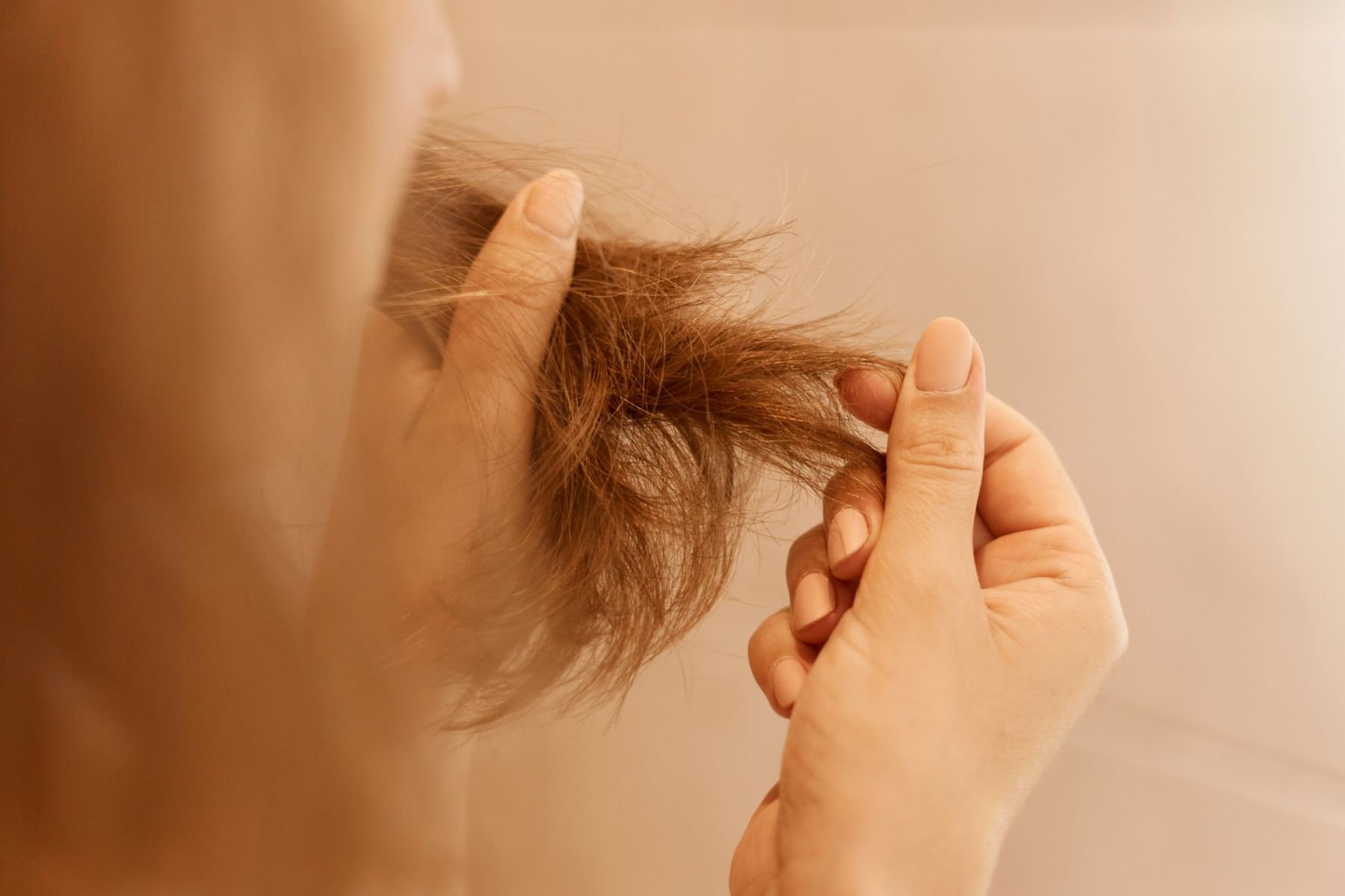 person holding dry, damaged hair ends