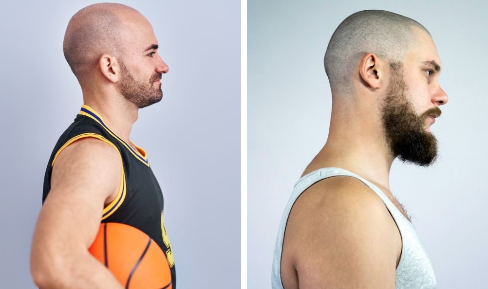 Shaved head with short beard (left) and Shaved head with thick beard (right)