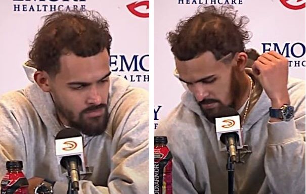 Trae Young during a press conference in 2024